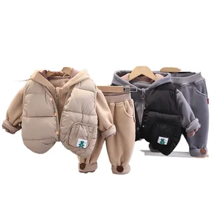 New Fashion Winter 3pcs Children Suit Vest+hoodie+pants Thickening Warm Cotton Boys Clothing Sets