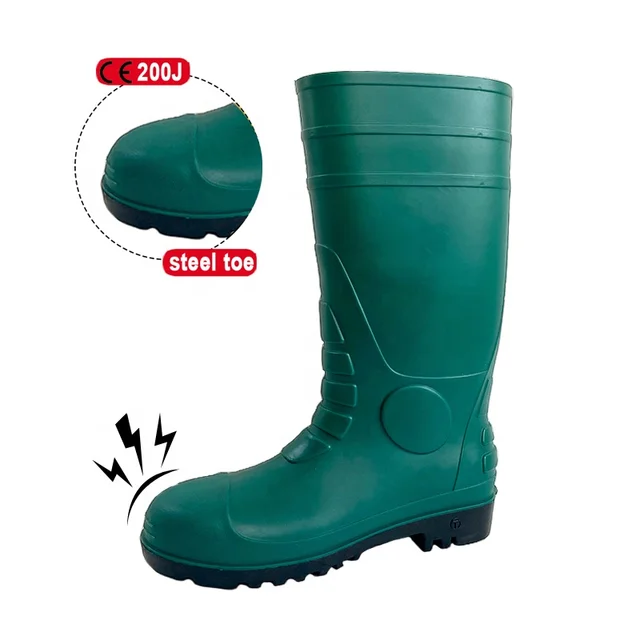 CE Unisex Rain Shoes Industry Production Waterproof With Steel Toe And Steel Midsole Dark Green PVC Safety Work Rubber Boots