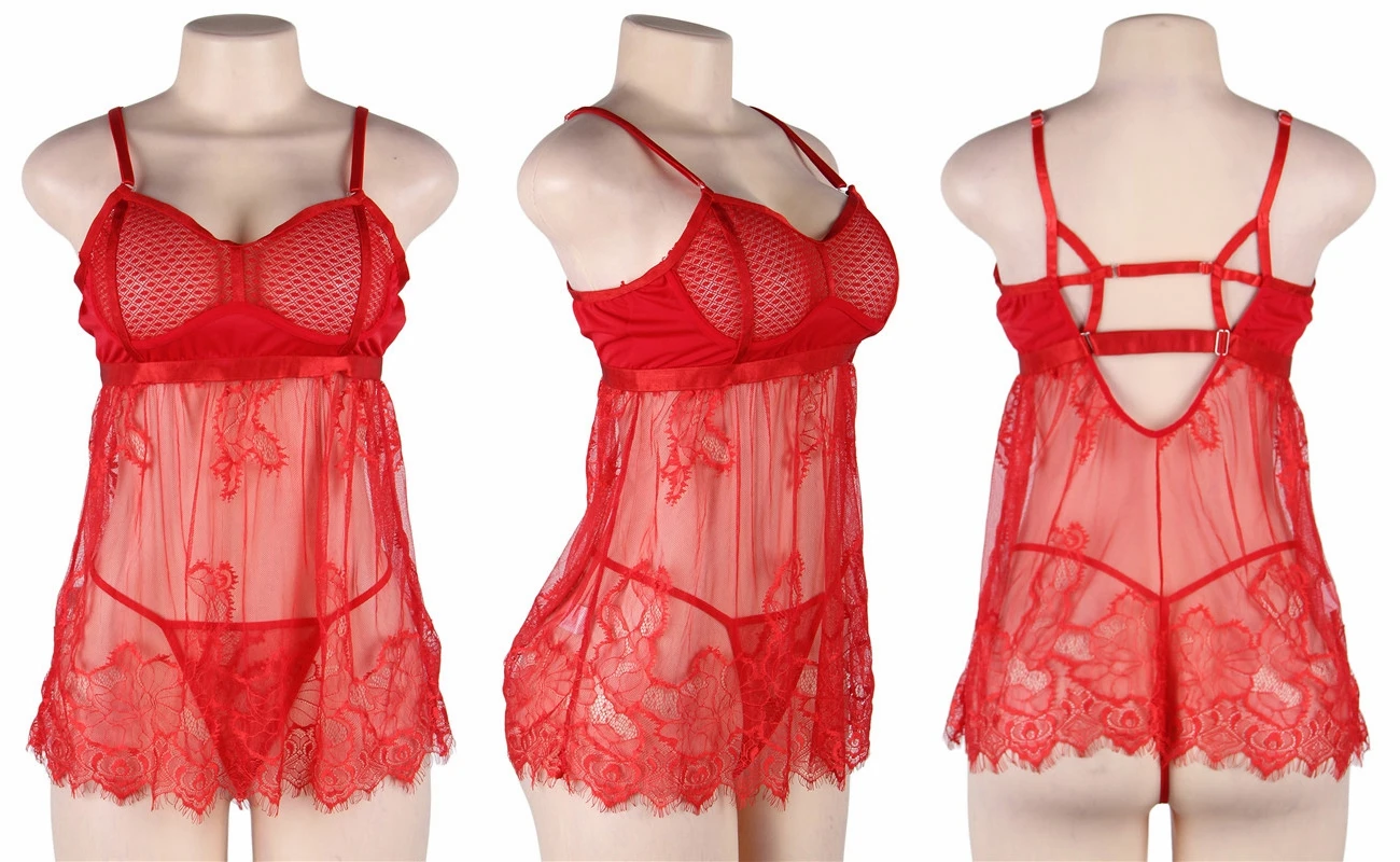 Hot Bridal Cherry Red Net Babydoll Honeymoon Bikini & Night Dress With  Panty-B33C-S-10XL