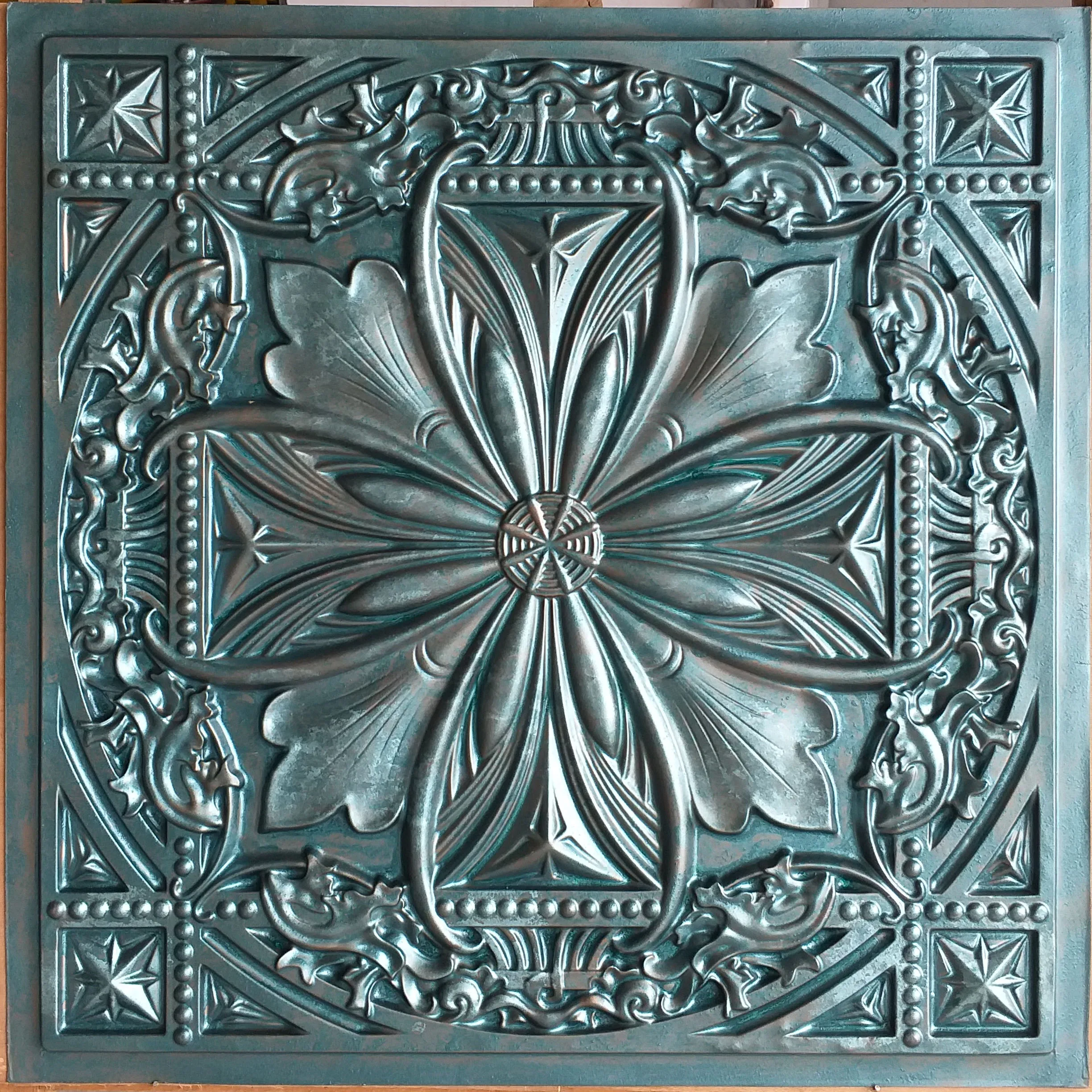 Faux tin finishes Art style 3D embossed patina ceiling tiles store pub cafe club decor wall panels PL10