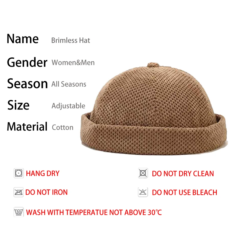 Men Women Retro Dome Melon Brimless Beanie Cap Unisex Skullcap