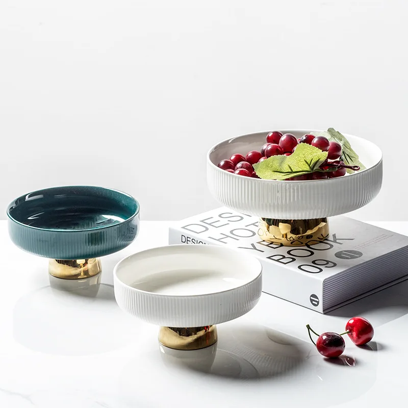 European Style Luxury Ceramic Fruit Plate Snacks Compote Candy Dish Creative Gold Plated Colored Buffet Use High Foot Salad Bowl