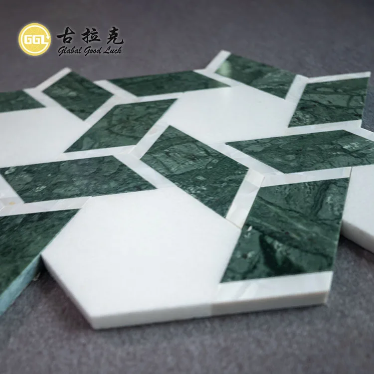 Polished Green White Marble Mosaic Mix Shell Tile Water Jet Stone Irregular Shape Mosaic Tile for Wall Floor Decor