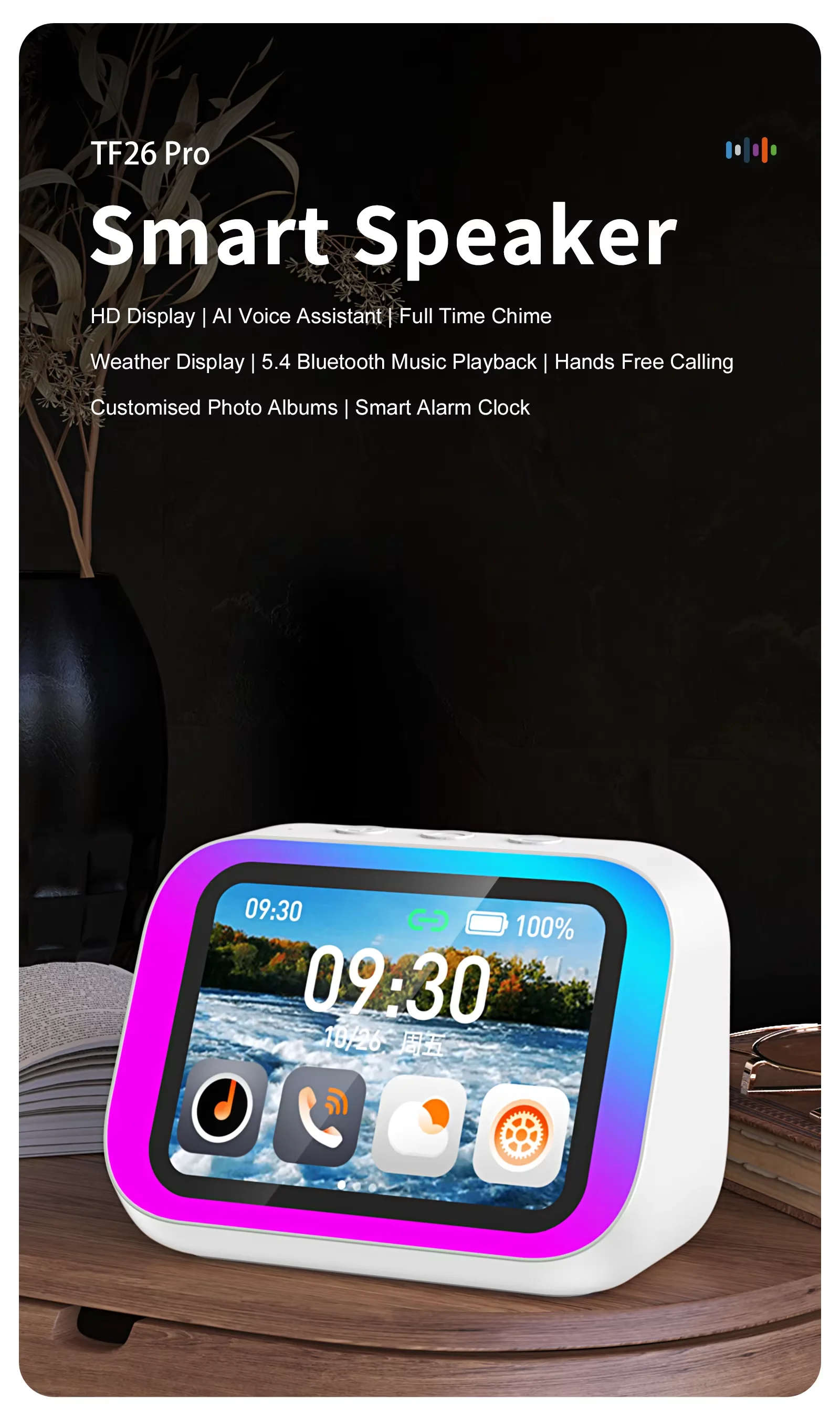 New Innovative Speaker TF26 Pro Smart BT Loudspeaker RGB Large-Screen Weather Temperature Display Table Clock Voice