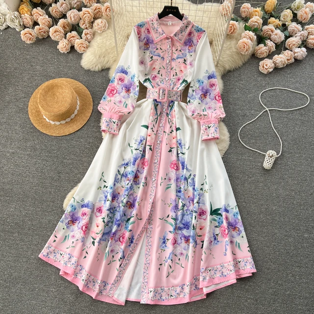 LE1899 2024 Spring Women'S Clothing Floral Print Shirt Dress Socialite Long Puff Sleeve Dress Socialite Office Party Maxi Dress