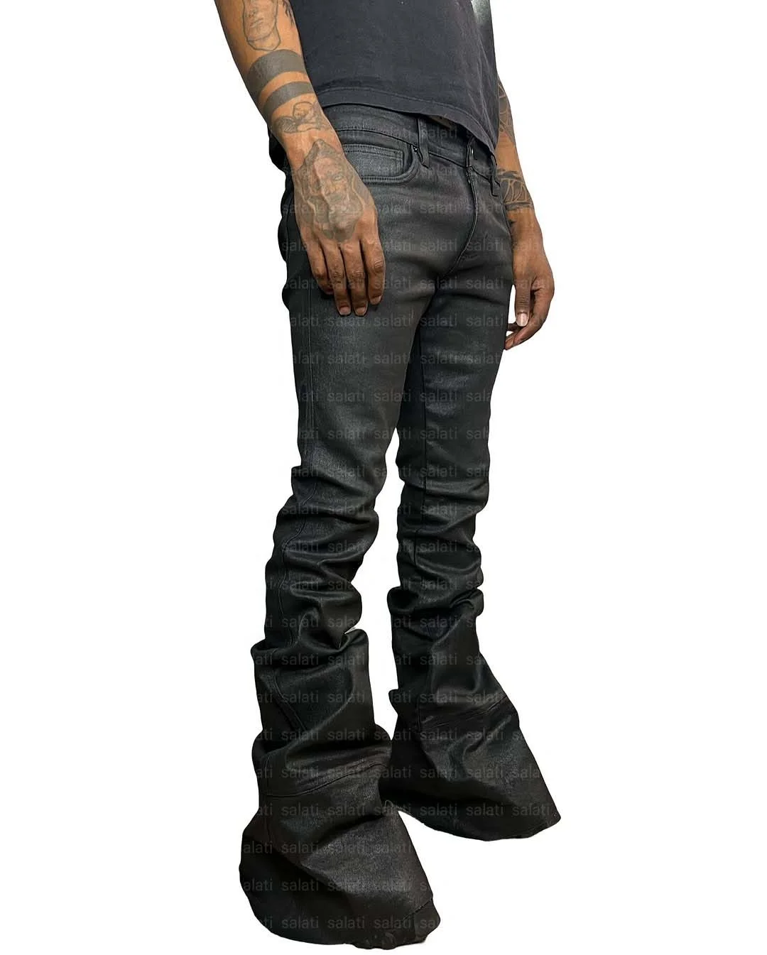 Salati Punk Jean Hommes Manufacturer Custom Streetwear Hip Hop Low Rise Waxed Vintage Flared Trouser Denim Pant Stacked Jean Men gallery 3