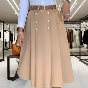 Customized High Waist A-Line Long Maxi Pleated Skirt for Women Solid Color Breathable Natural Button Decorated