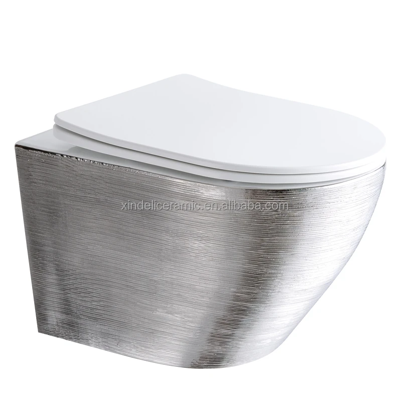 Silver Drawing Pattern Modern Home Bathroom Ceramic Rimless Wall Mounting  Wall Hung Wc Hanging P Trap Toilet