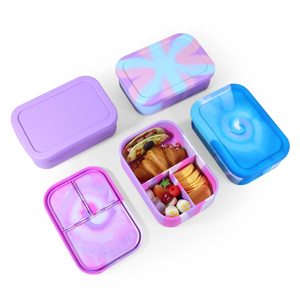 Hot Selling Food Grade Silicone Lunch Box Portable Children Kids Bento Box Microwavable 1-3L Capacity 3 Compartment Food Storage