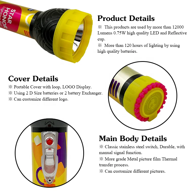Bicycle Large Big Head Dry Battery Multicolor Camping Plastic OEM LED Light Torch Flashlight IP44 Rated 12000 Lumens Emergency
