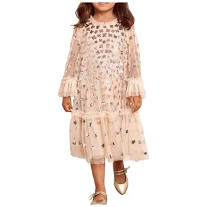 Exquisite Children's Sequined Tulle Evening Dress Girls Long Sleeves Knee Length Fluffy Layered Gown