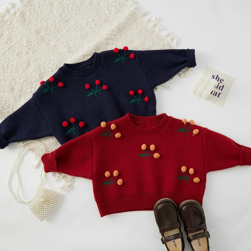 Girl cherry pullover sweater baby wear baby knit organic cotton