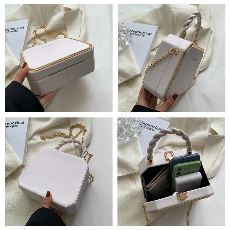 Lady Fashionable Handbag Simple Chain Embellished Mini Square Crossbody Bucket Bag Premium Polyester Lined Casual