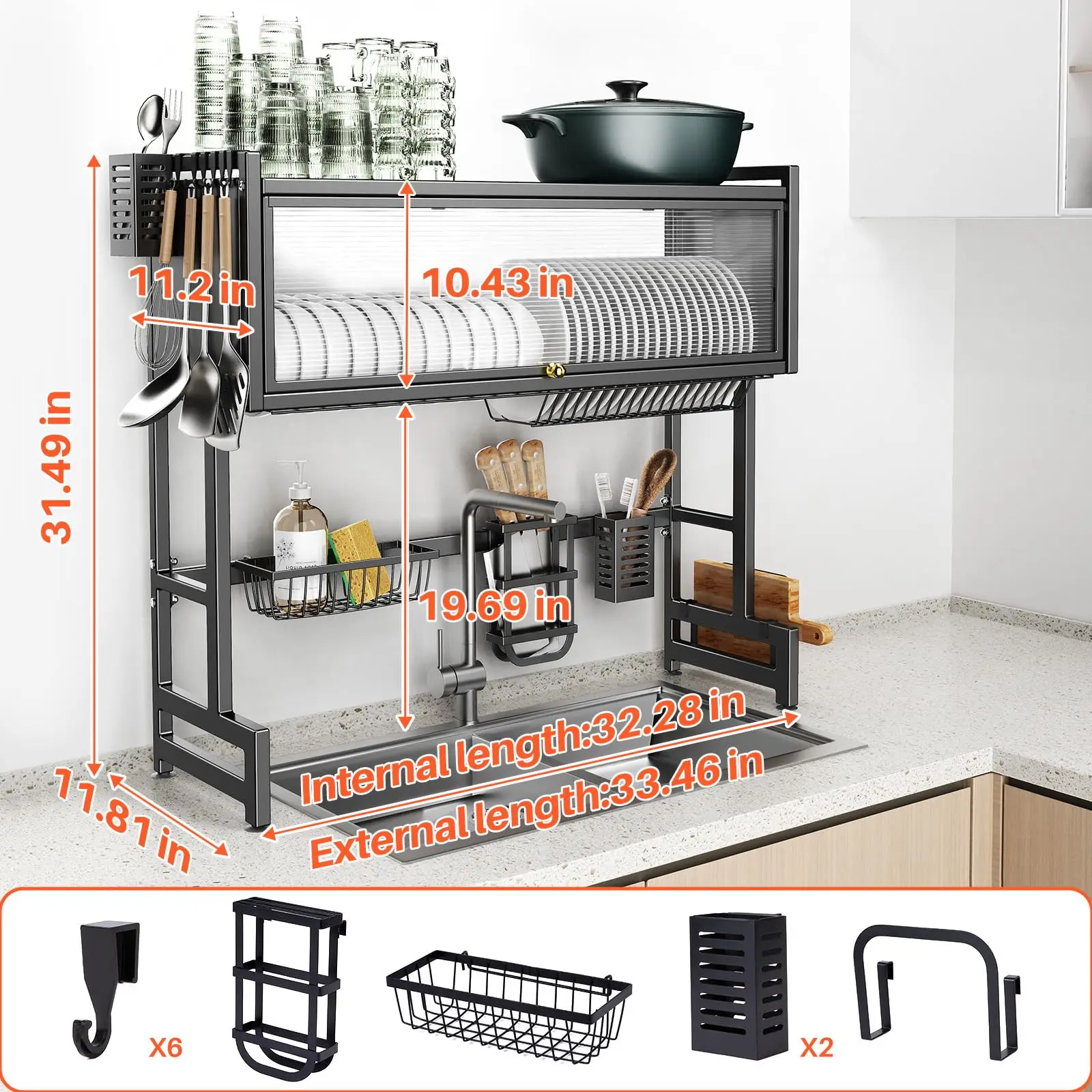 Over the Sink Dish Drainer Drying Rack 3 Tiers with Cover, Keep Kitchen ...