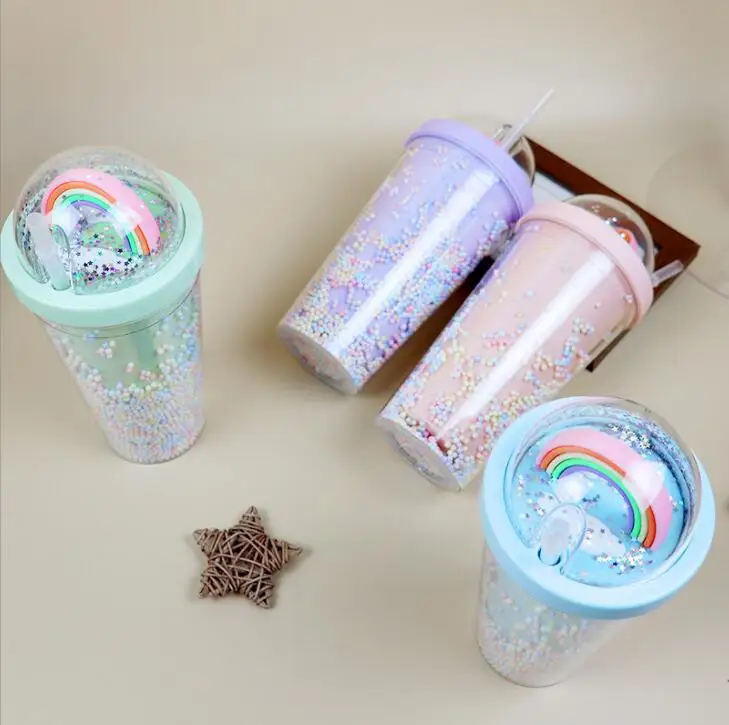 550ml Rainbow Plastic Water Bottle Double Layer Sequins Drinking Cu