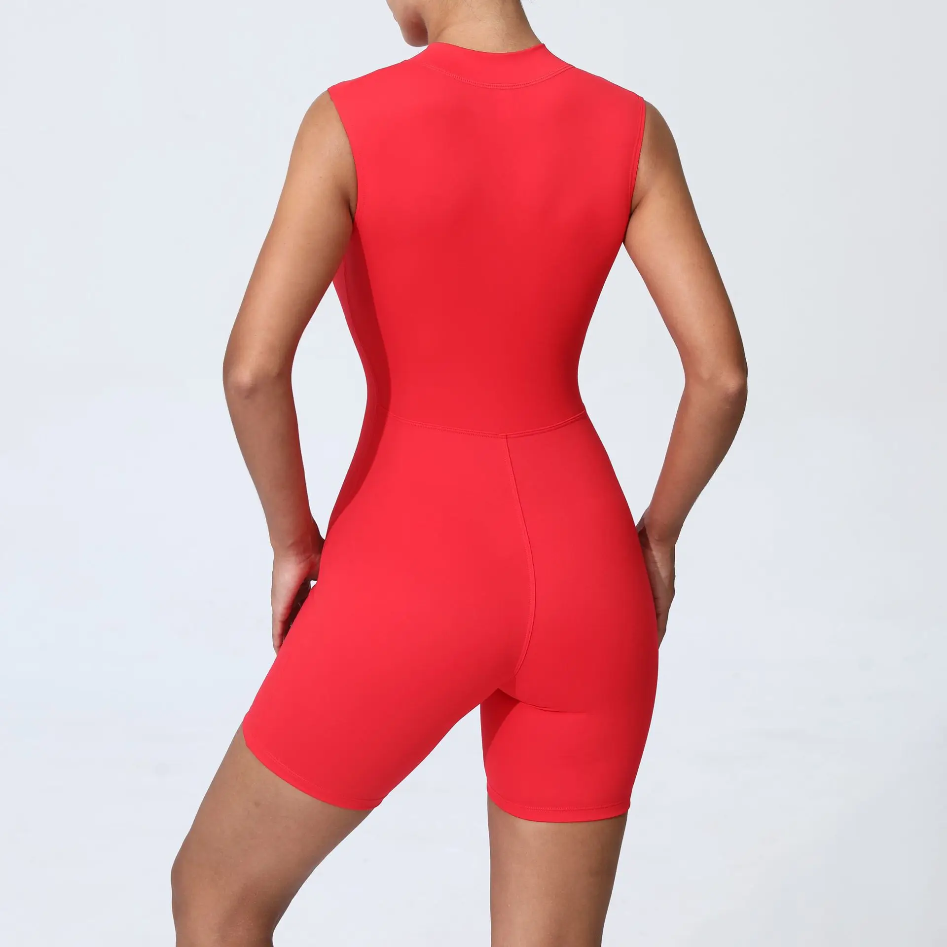 Women's Compression Sleeveless Fitness Bodysuit Short Length Soft Stretchy Front Zipper Sports Jumpsuit