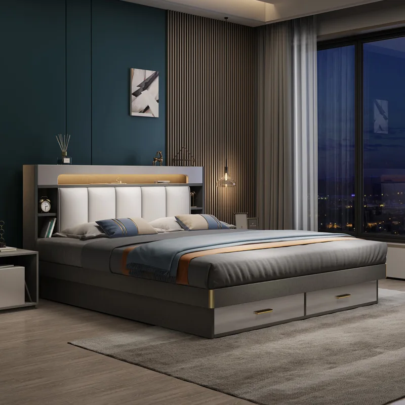 Luxury Upholstered Leather Multiple Function Bed Modern Home king Size Bed Frame with Headboard and Mattress Wooden Bed