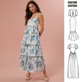 Customization 2024 Blue Floral Tiered Dress European Chic l Patchwork Elegant long Dress Women's Summer Dresses Clothing