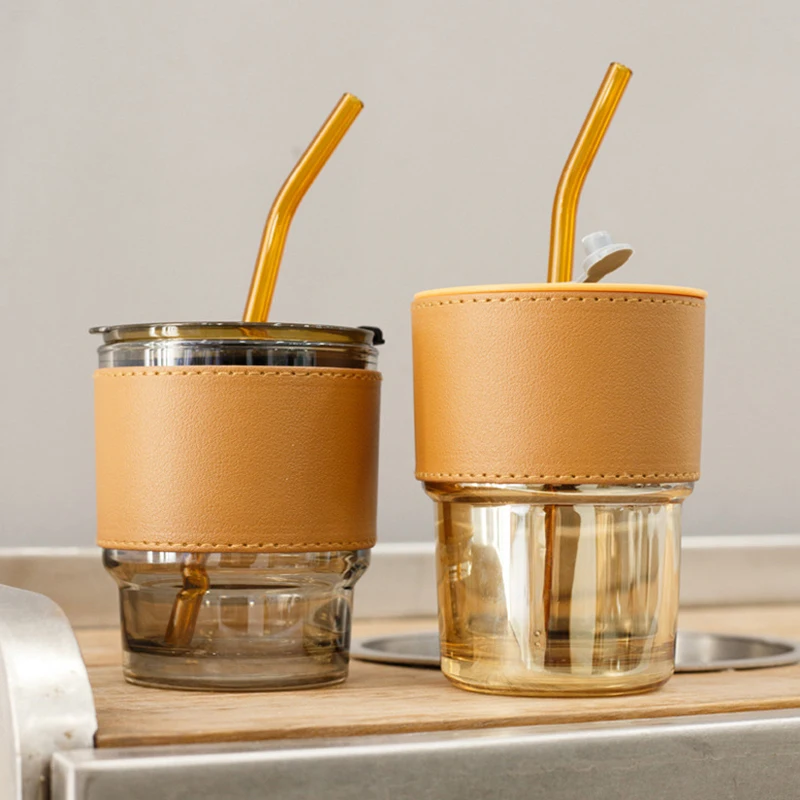 Custom Creative Transparent Glass Thermal Insulation Glass Coffee Mug Portable Leather Case With Lid Straw