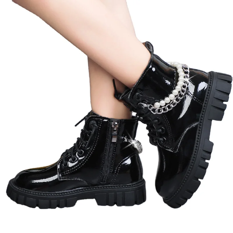 Baby Girl Fashion Pearl Chain Decoration Boots Children Ankle Boots Baby  Girl Chunky Platform Heel Shiny Work Booties