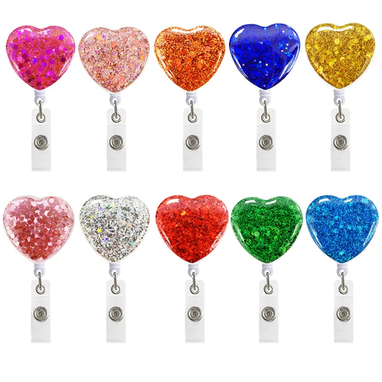 Glitter Love Heart Retractable Pull Badge Reel ID Lanyard Name Tag Card Holder 