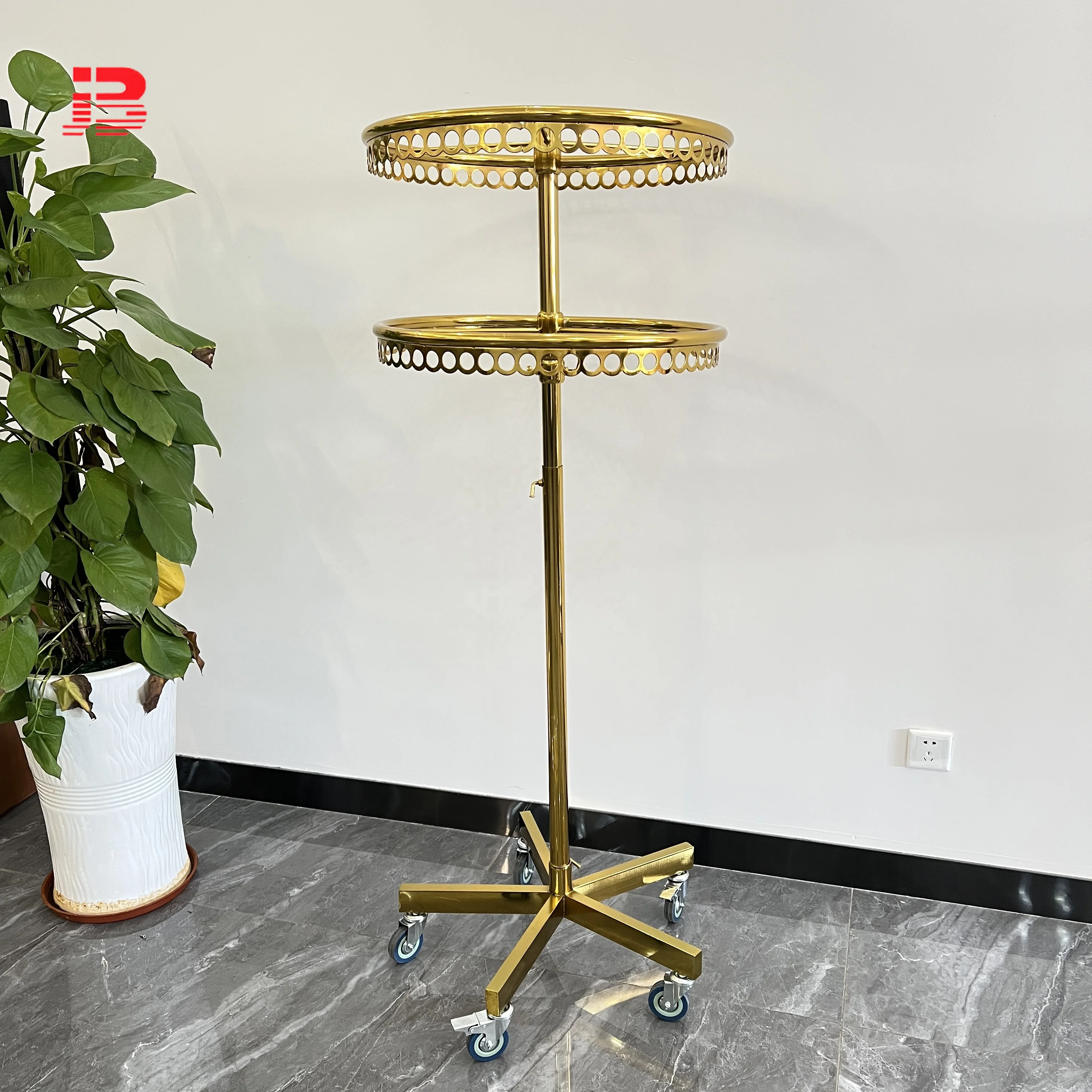 Metal Gold Clothing Dress Rotating Display Rack/ Removable 2 Layers Shelf