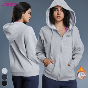 Janya Loose Casual Street Windproof Warm Hoodie Sports Jogger Tops Full Zip Hooded Fleece Sweatshirt Fitness Jacket for Women