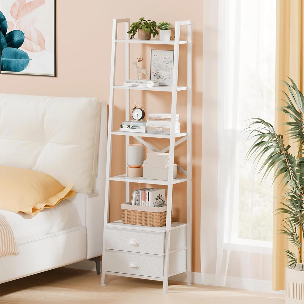 product 5 tier ladder shelf 2 drawers modern narrow bookshelf storage shelves freestanding rack units for bedroom living room home-4