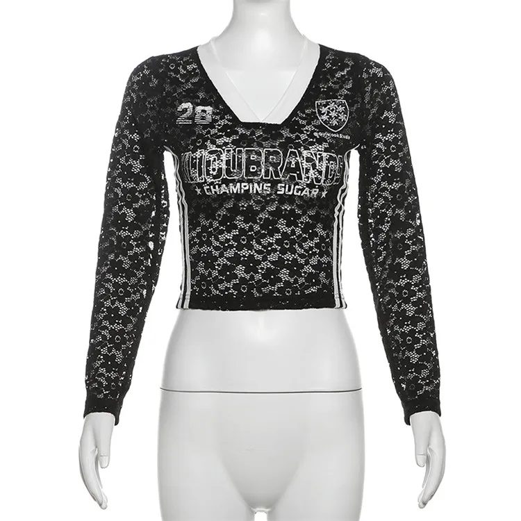 Lace See Though Two Piece Sets Women V Neck Long Sleeve Slim Top and Short Pants Outfits