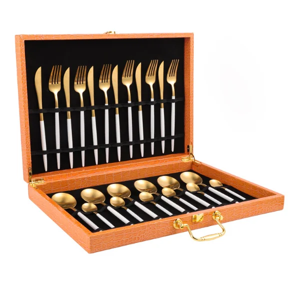 24 pieces stainless steel tableware gift box set with European gold plating