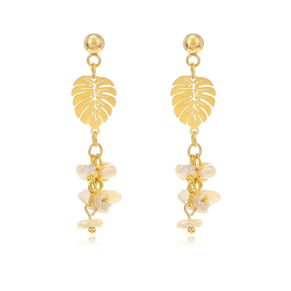 Fashion Pearl Earrings Temperament Leaf Design Stainless Steel 18k Gold