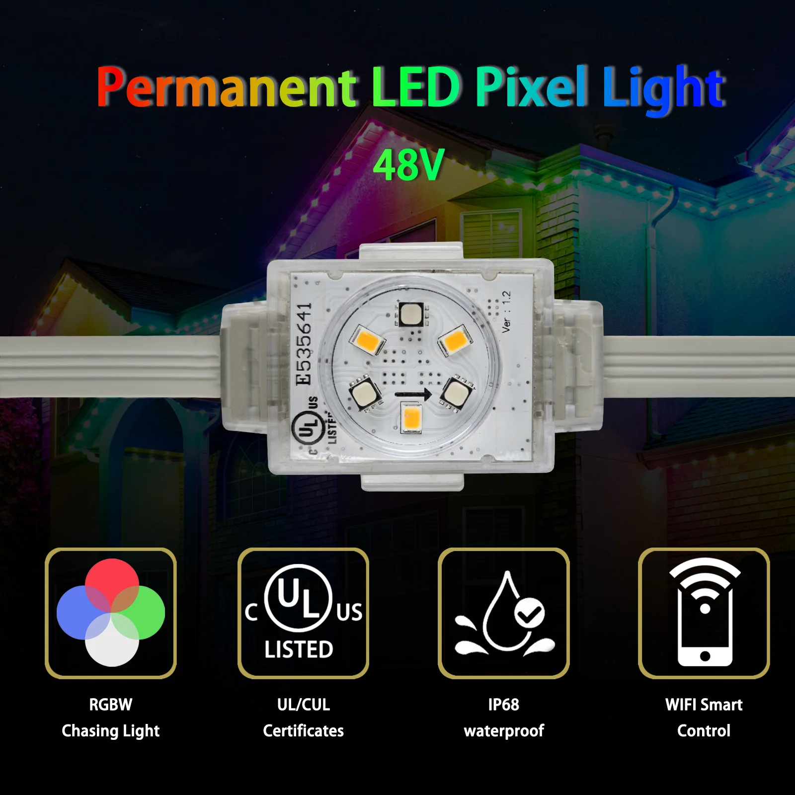 HRSYT UL CUL DC48V Waterproof IP68 Christmas Holiday Lights for House RGB RGBW LED Pixel Point Lights Outdoor Light Permanent