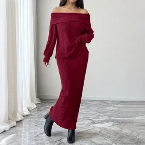 Women's Ribbed Off The Shoulder Long Sleeve Pullover Tops And Bodycon High Waisted Casual Long Skirts Two Pieces Set