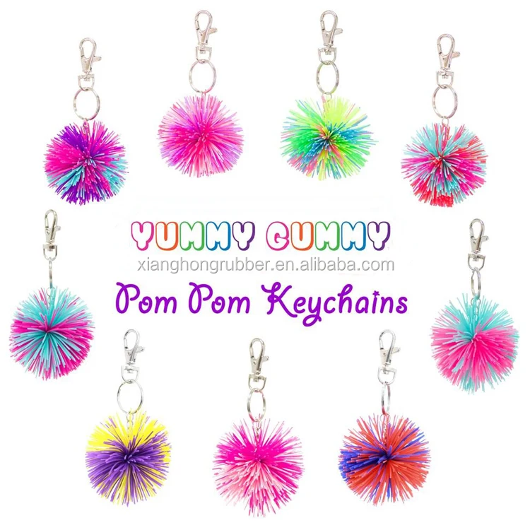 Funny Customized Rainbow Color Silicone Pom Pom Key Chain Tie Dye Yummy Gummy Key Ring