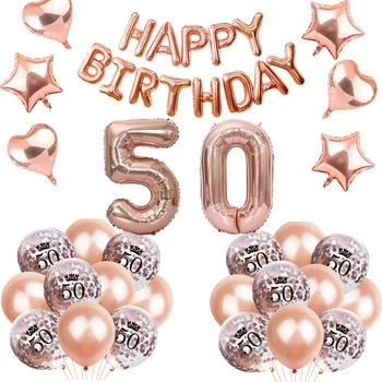 rose gold 50th birthday decorations Happy Birthday foil balloon banner Rose Gold Heart star Balloon 50th Birthday party supplies