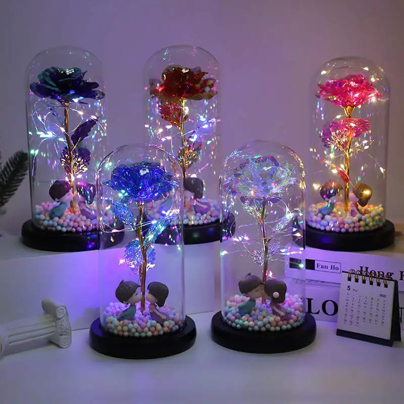 Valentine's Mother's Day Gift Artificial Decorative Flower Galaxy Rose Led Light 24K Golden Foil Rose In Glass Dome