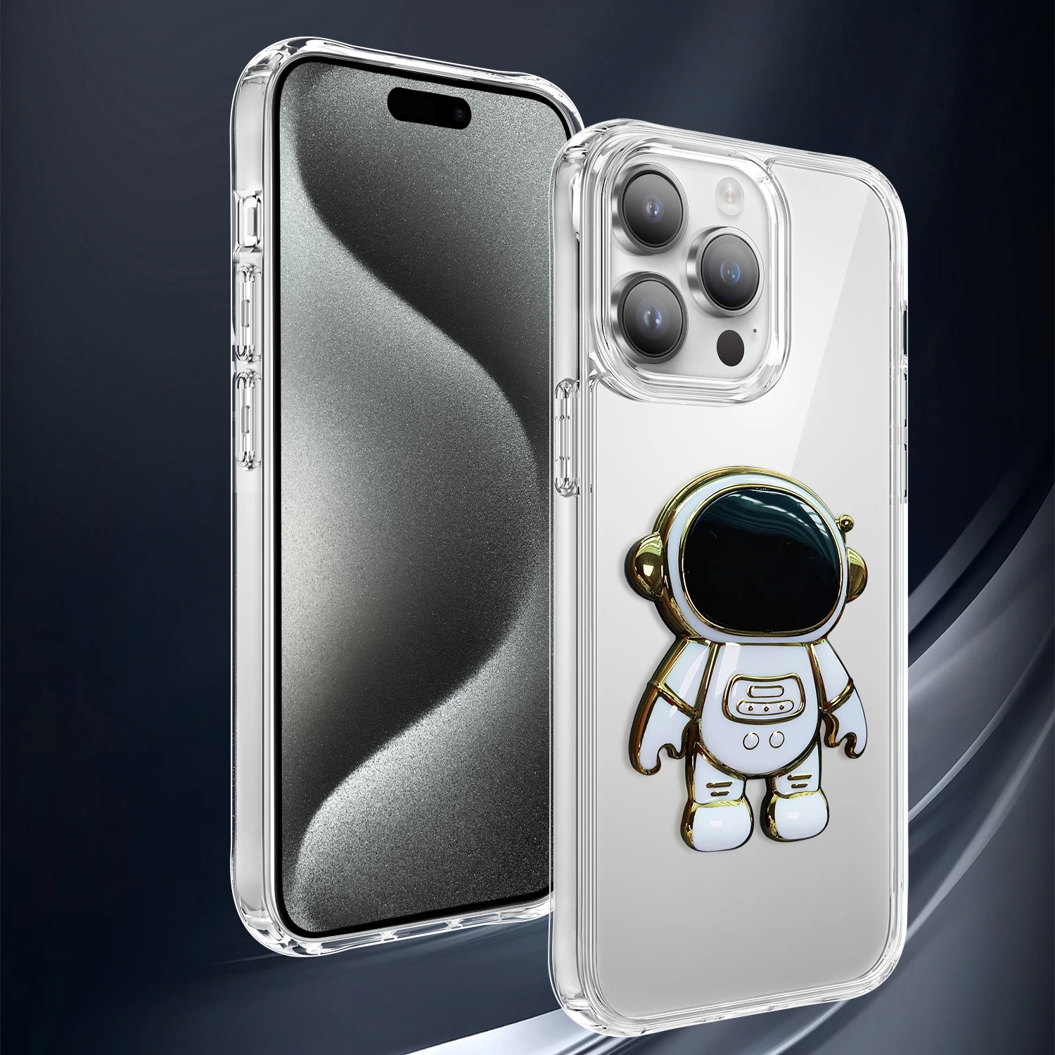 Cute cartoon electroplating astronaut kickstand holder transparent shockproof mobile phone fundas for iphone 15 pro 15 pro max