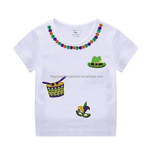 Customizable Wholesales 100% Cotton Rhinestone Mardi Gras Kids Girls T Shirt for Summer