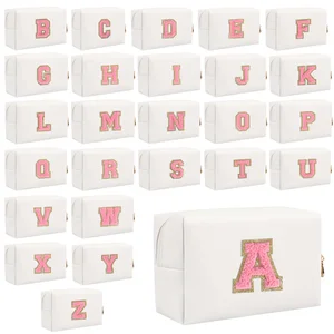 Initial Preppy Patches Personalized Makeup Bag PU Leather Travel Monogrammed Cosmetic Bag Toiletry Pouch for Teen Girls Women