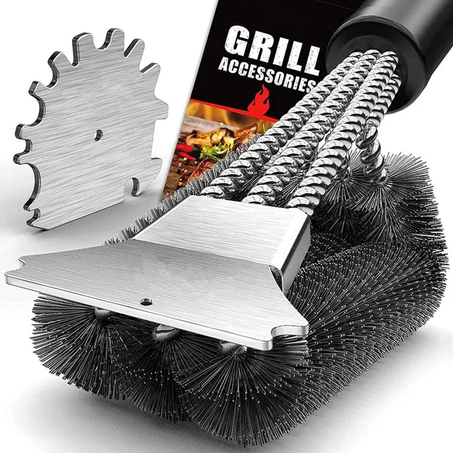 Free Sample 3 in 1 Firm Bristles Double Scraper Barbecue Grill Cleaning Brush and Scraper