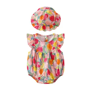 Summer Sweet Princess Baby Girls Cotton Ruffle Sleeve Romper 3D Tulip Printed Dress O-Neck Collar Sequined Decoration