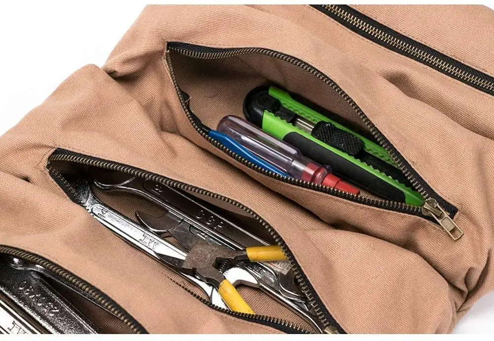 Custom Logo Nylon Canvas Leather Polyester Handle Large Folding Multi Plumber Heavy Duty Roll up Electrician Tool Bag