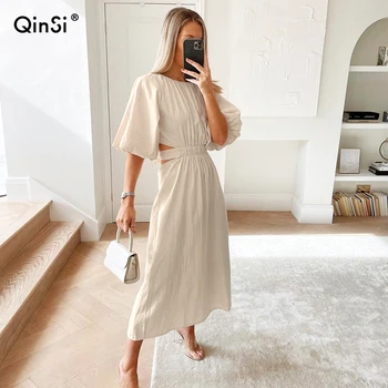 QINSI Cotton Robe 2022 Summer Women Puff Sleeve High Waist Lace Up O Neck Solid A-Line Midi Dresses Sexy Hollow Out Long Dress