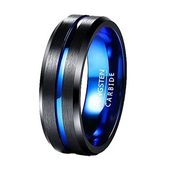 POYA 8mm Men's Wedding Band Classic Black Blue Tungsten Carbide Ring Comfort Fit Inlay Beveled Edges Center Christian Parties