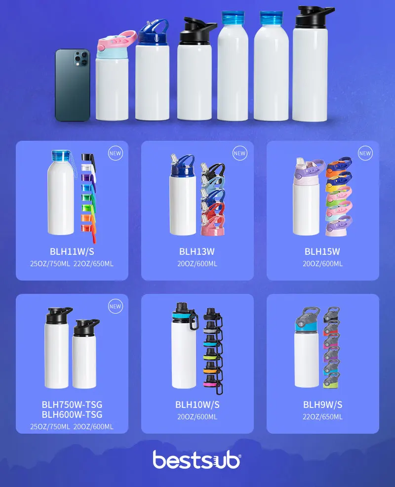 BestSub Wholesale Custom Sublimation Blanks 22oz 650ml Portable Sports Slim Aluminum Water bottle Travel Mug