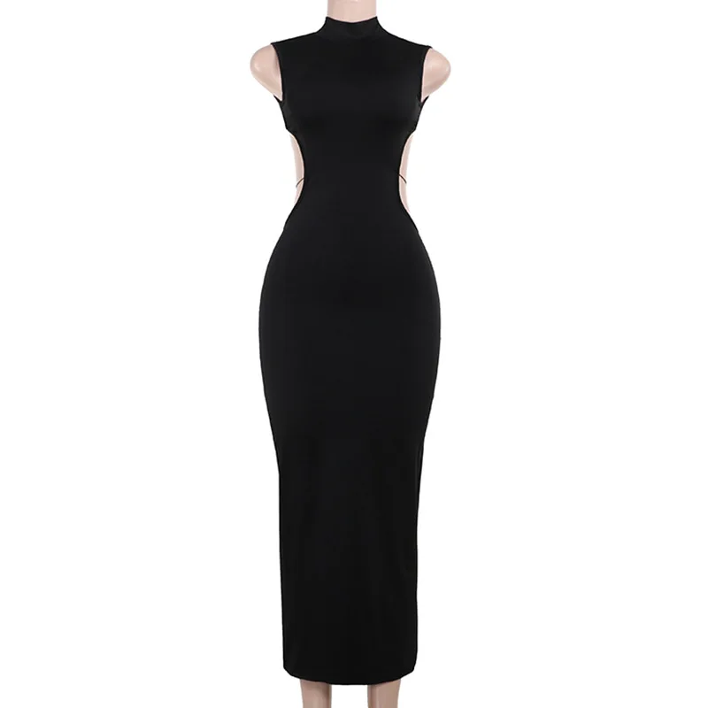 2025 Y2k Clothes Women Turtleneck Sleeveless Black Gothic Party Vestido  Sexy Backless Bandage Bodycon Maxi Dress