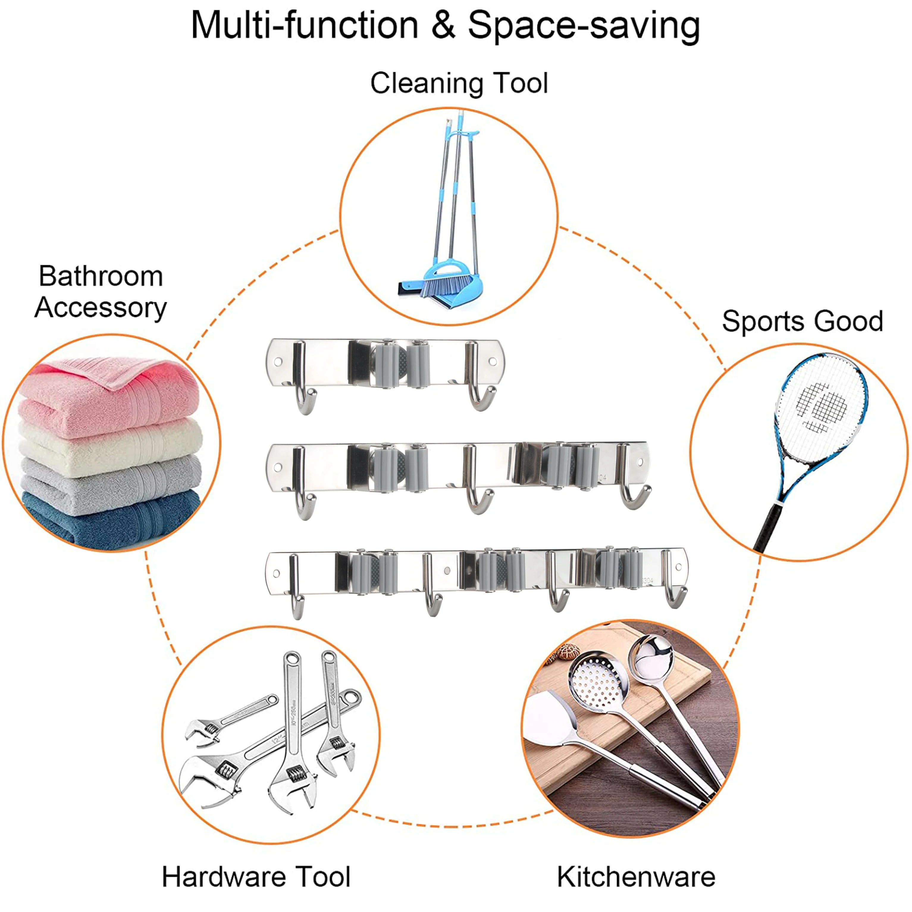 304 Stainless Steel Wall Mounted Multipurpose Mops And Brooms Holder