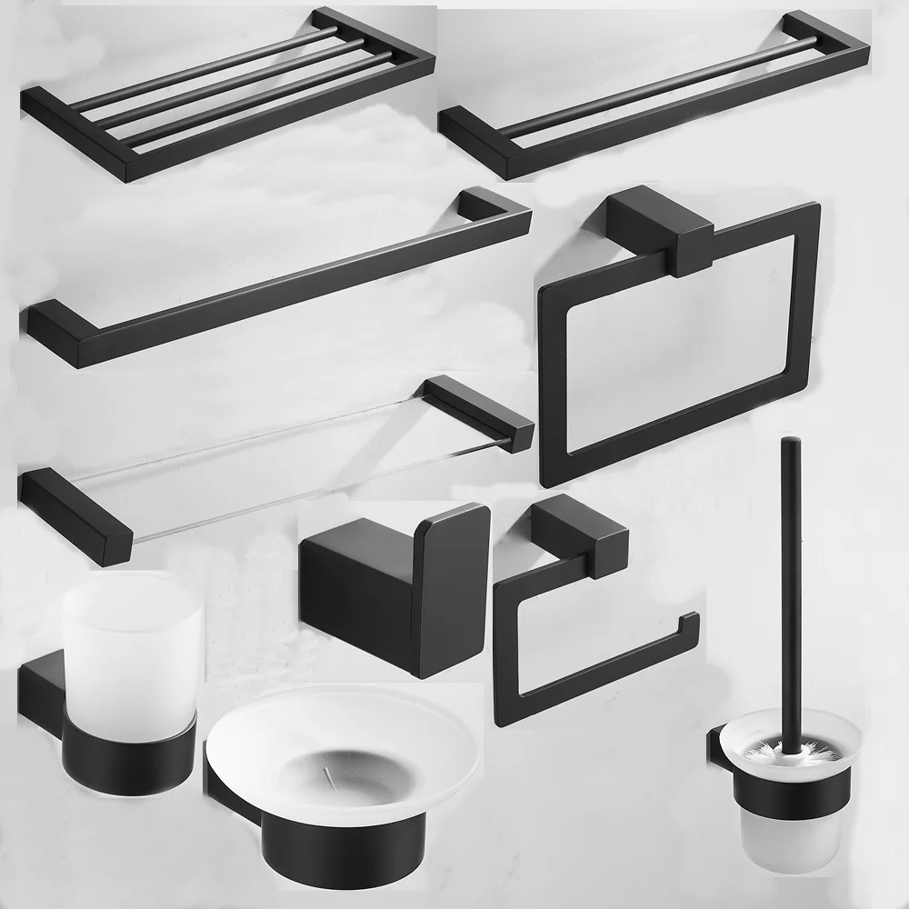 10 Pieces Modern Black Wall Mounted Stainless Steel Bathroom Hardware