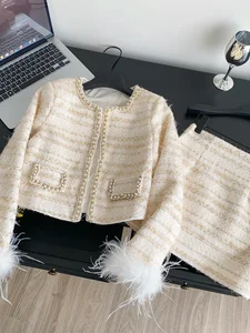 Autumn Casual Woven 2 Piece Set for Women Top and High Waist Mini Hip Skirts Suit Custom Clothing Brand