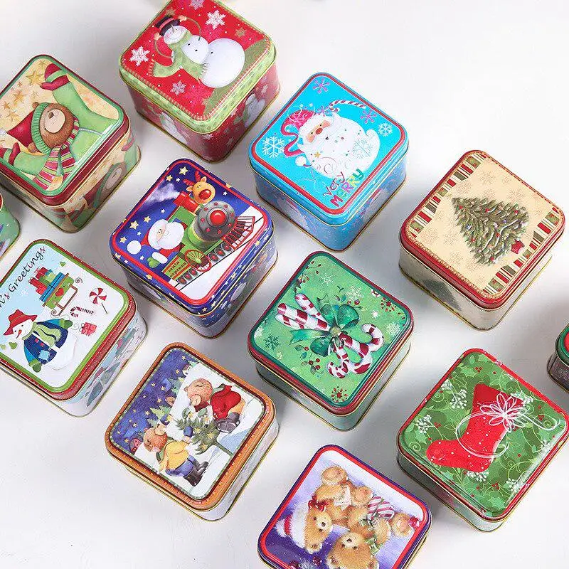 Wholesale food grade square christmas cookie tin baking chocolate tin box packaging cake metal can christmas tin box factory